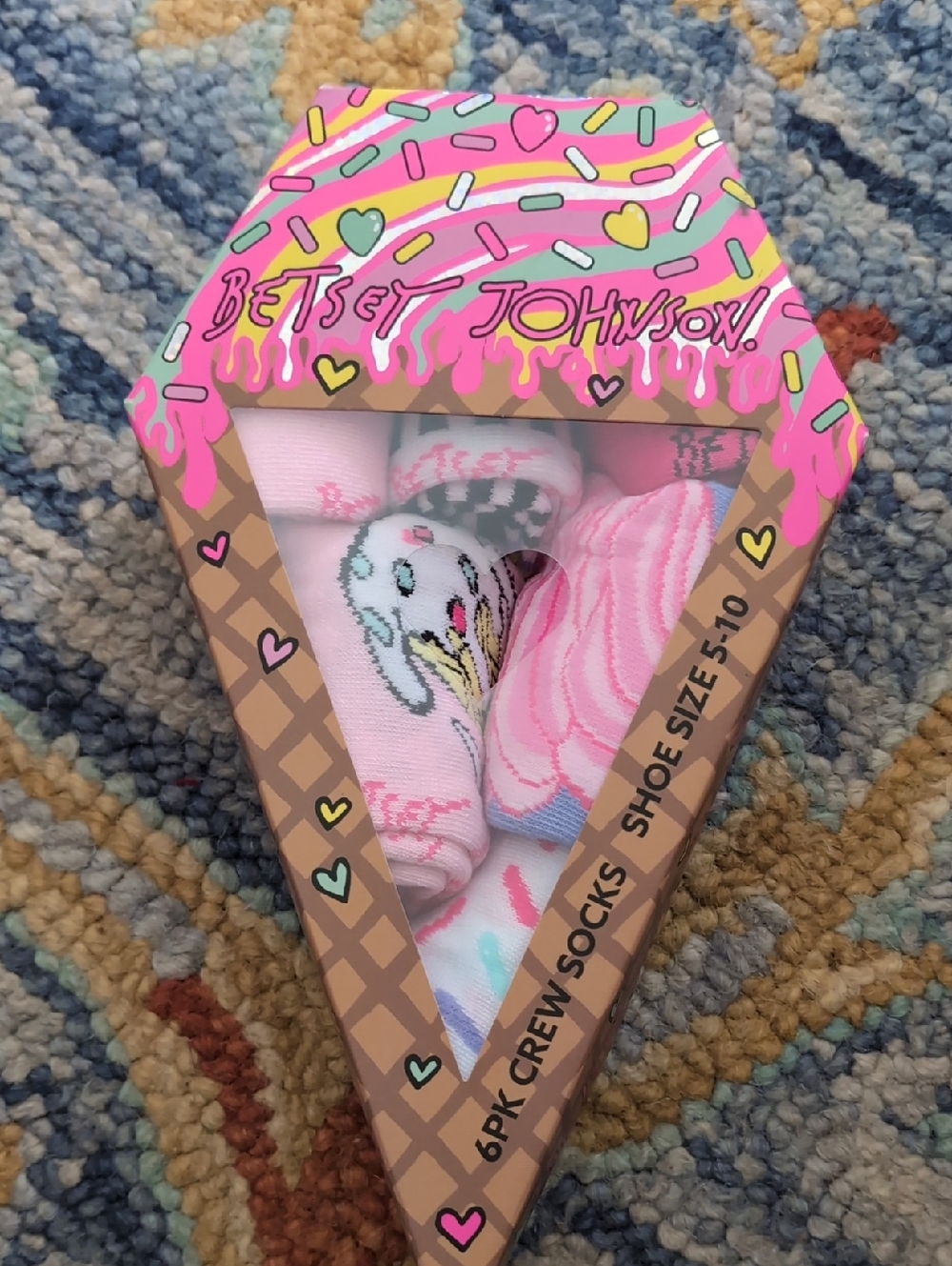 Betsey Johnson Pink Multicolor Ice Cream Boxed Crew Socks - 6 Pack
